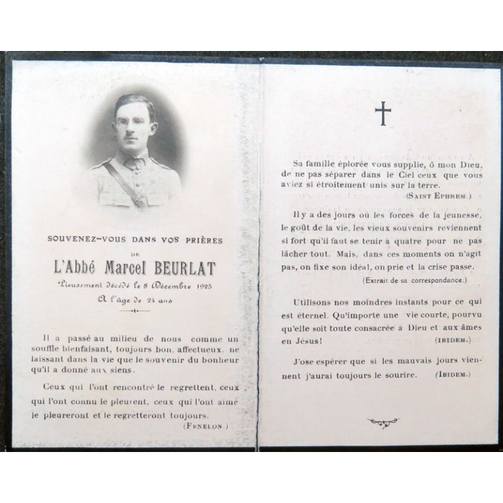Carte de prières de l'Abbé Marcel Beurlat décédé le 8 décembre 1925