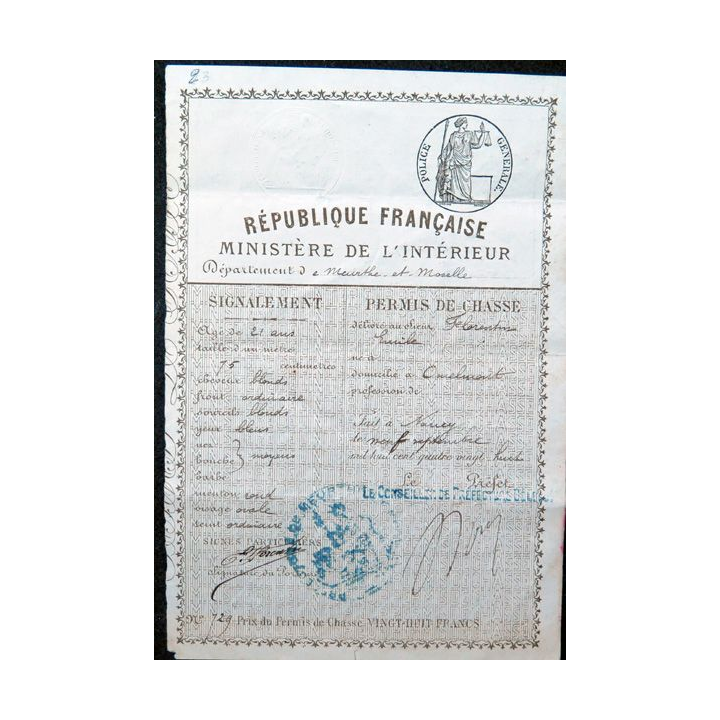 Permis de Chasse du département de Meurthe et Moselle du 9 septembre 1888