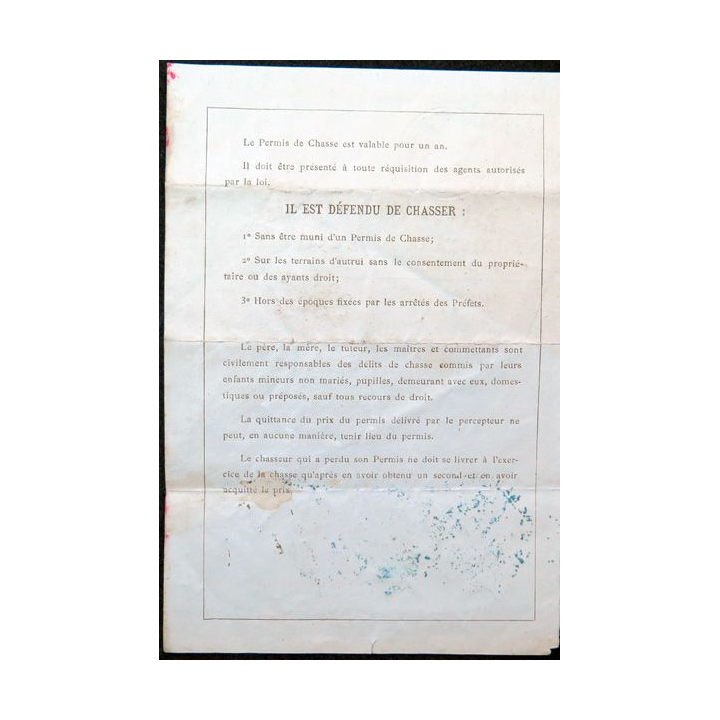 Permis de Chasse du département de Meurthe et Moselle du 9 septembre 1888