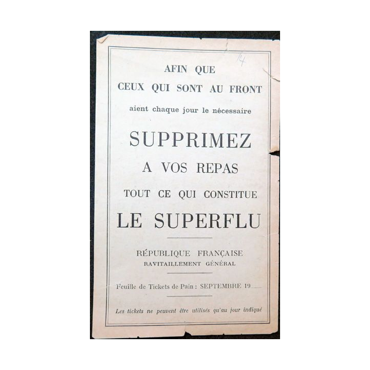 feuille de ticket de pain pour septembre 19.. (1914-1919)