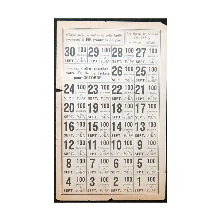 feuille de ticket de pain pour septembre 19.. (1914-1919)