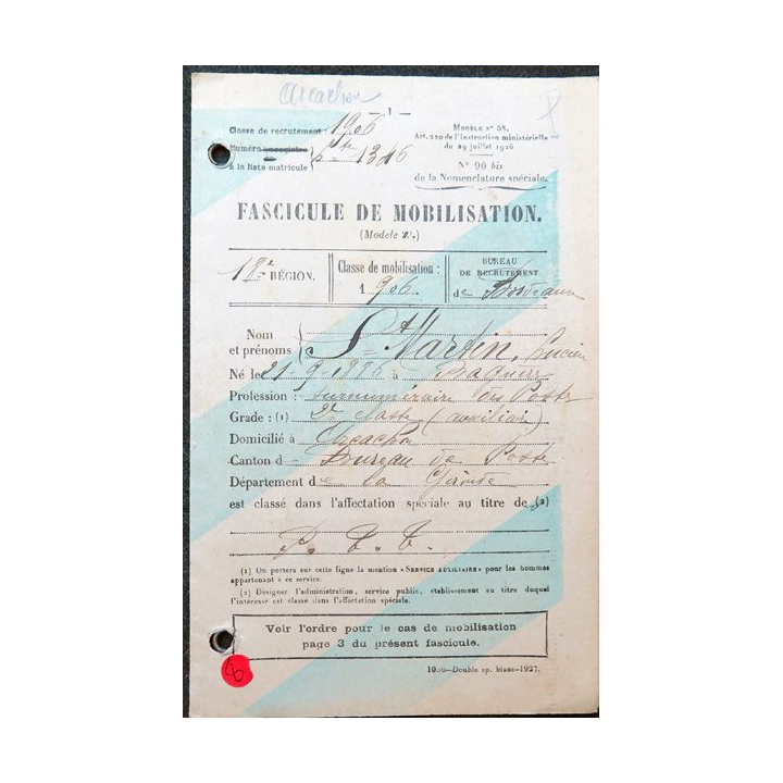 Fascicule de mobilisation de Monsieur martin Arcachon 1906