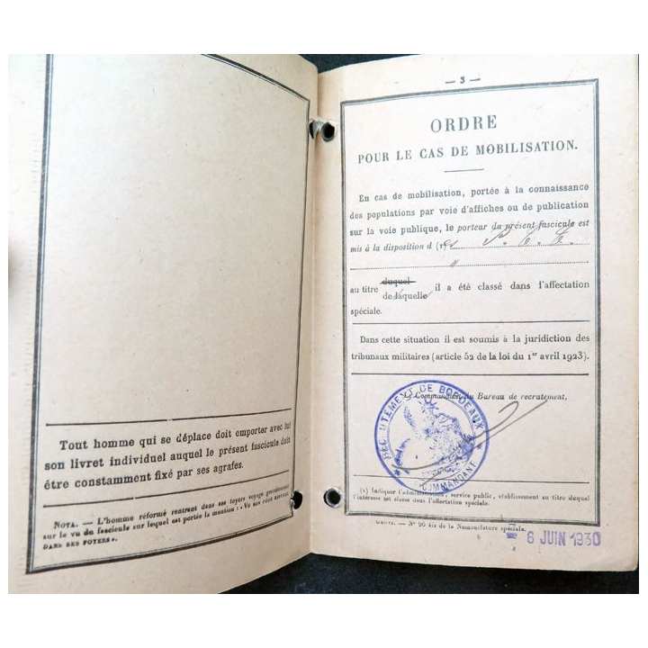Fascicule de mobilisation de Monsieur martin Arcachon 1906