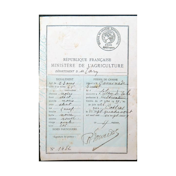 Permis de Chasse départemental département du Tarn 1926