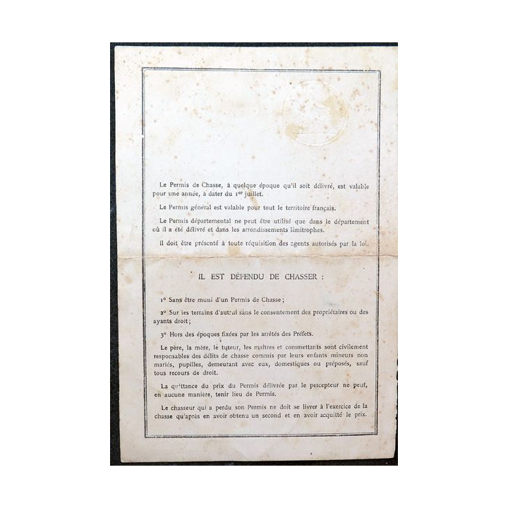 Permis de Chasse départemental département du Tarn 1926