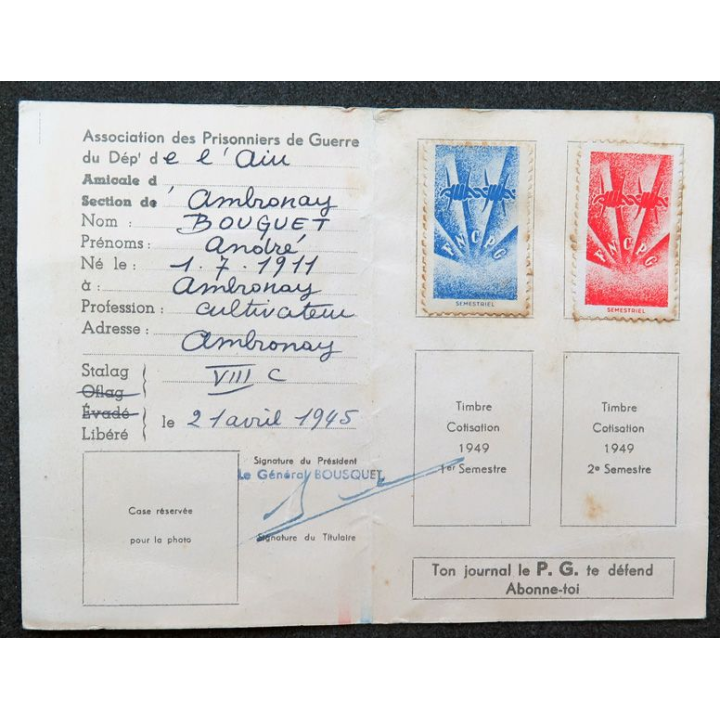 Carte de la fédération nationale des combattants prisonniers de Guerre n° 797942 1945