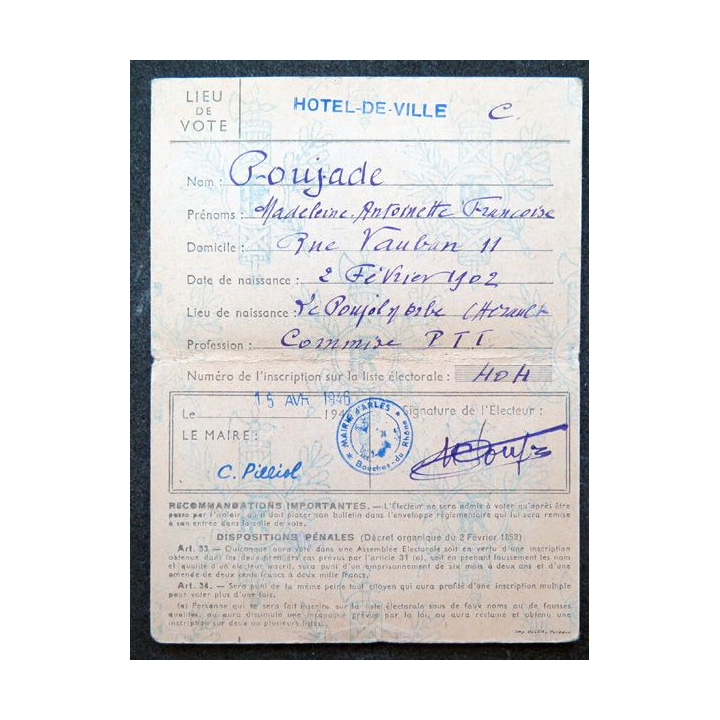 Carte d'électeur de Arles 1946