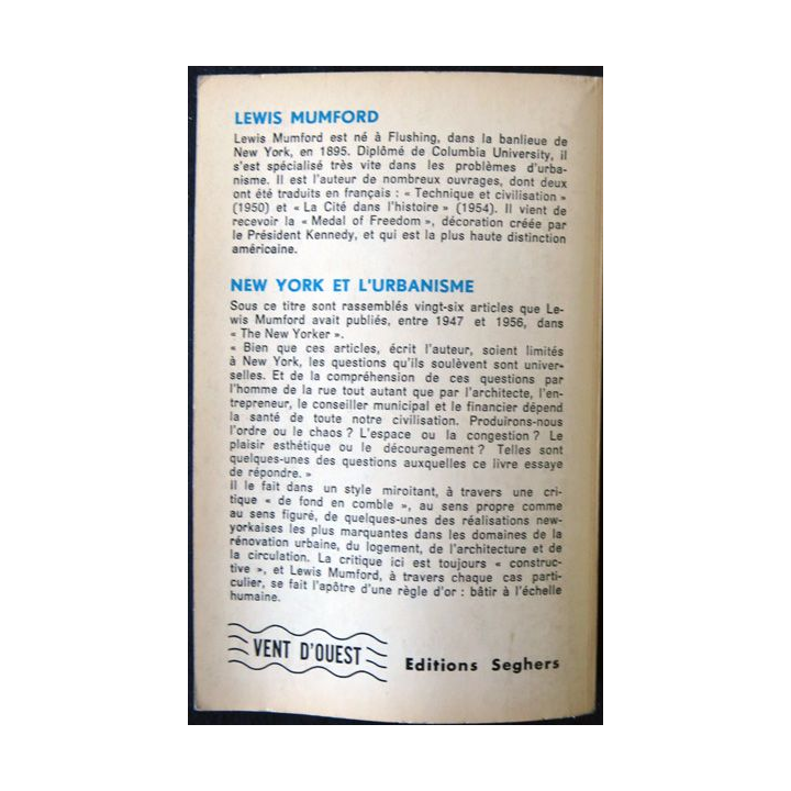 New York et l'urbanisme de Lewis Mumford aux éditions Vent d'Ouest (1965)