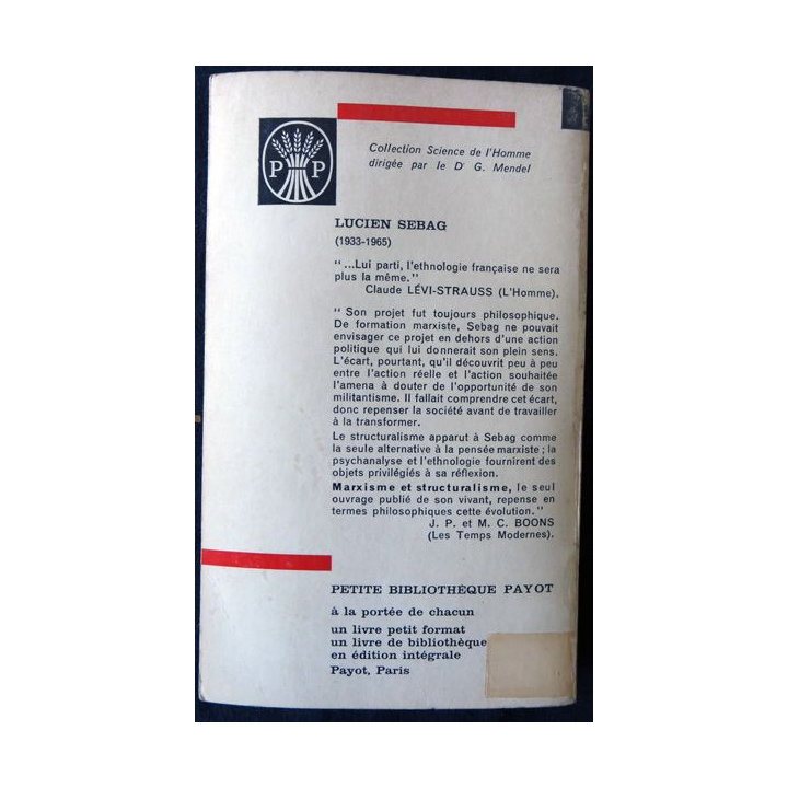 Marxisme et stucturalisme  de Lucien Sebag aux éditions Petite bibliothèque Payot (1967)