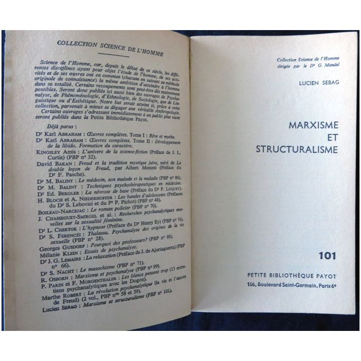 Marxisme et stucturalisme  de Lucien Sebag aux éditions Petite bibliothèque Payot (1967)