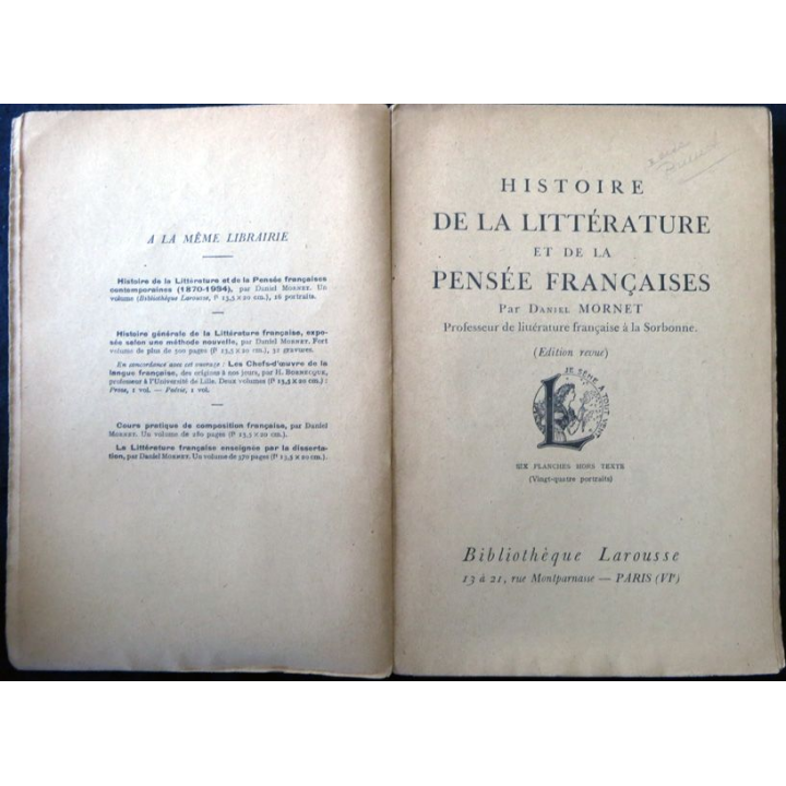 Histoire de la littérature et de la pensée française de Daniel Mornet Bibliothèque Larousse (1924)