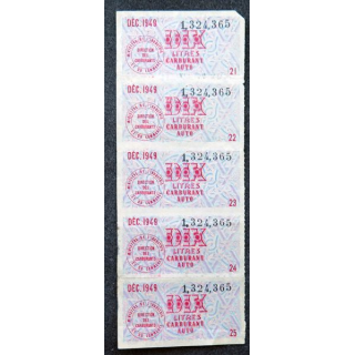 5 timbres de 10 litres de carburant auto décembre 1949