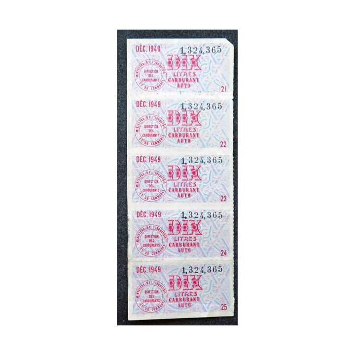 5 timbres de 10 litres de carburant auto décembre 1949
