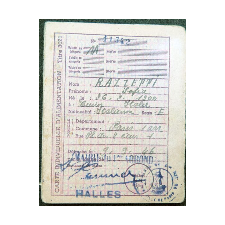 Carte individuelle d'alimentation 1946 avec timbres de rationnement