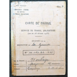 Carte de travail du STO (service de travail obligatoire) 1943