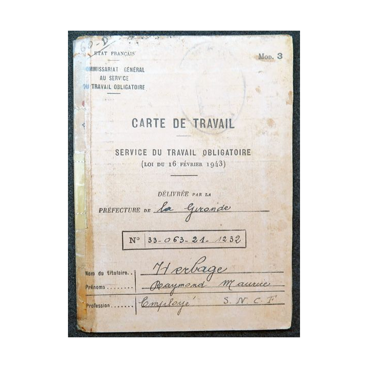 Carte de travail du STO (service de travail obligatoire) 1943