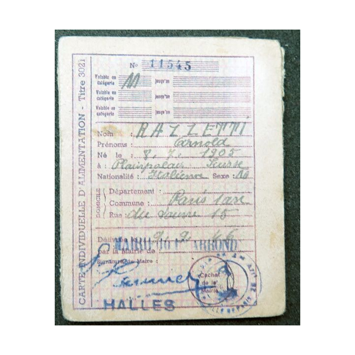 Carte individuelle d'alimentation 1946 avec timbres de rationnement 1949