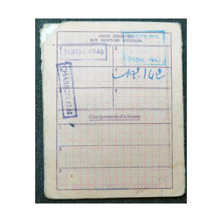 Carte individuelle d'alimentation 1946 avec timbres de rationnement 1949