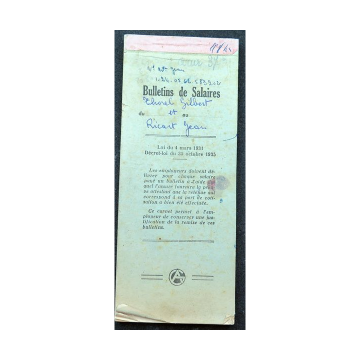 Carnet de bulletins de salaires des années 1940 (décret loi de 1935)