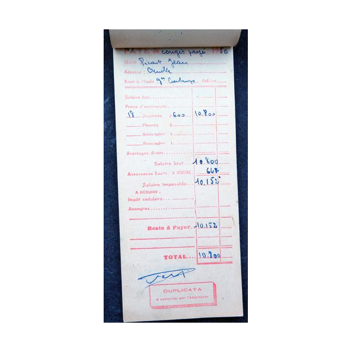 Carnet de bulletins de salaires des années 1940 (décret loi de 1935)