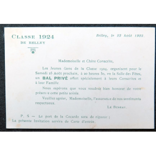 Carte d'invitation au Bal des conscrits de la classe 1924 de Belley  (23 août 1923)
