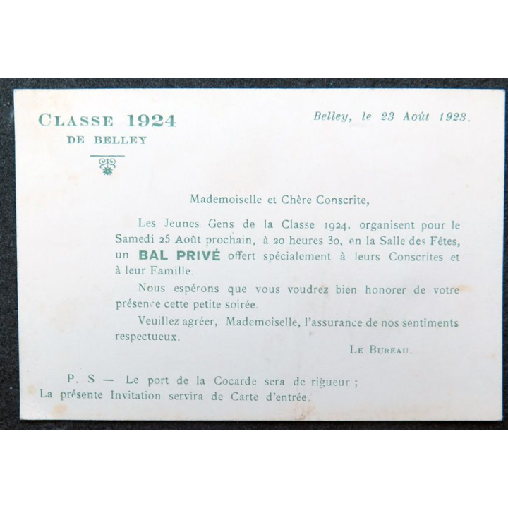 Carte d'invitation au Bal des conscrits de la classe 1924 de Belley  (23 août 1923)