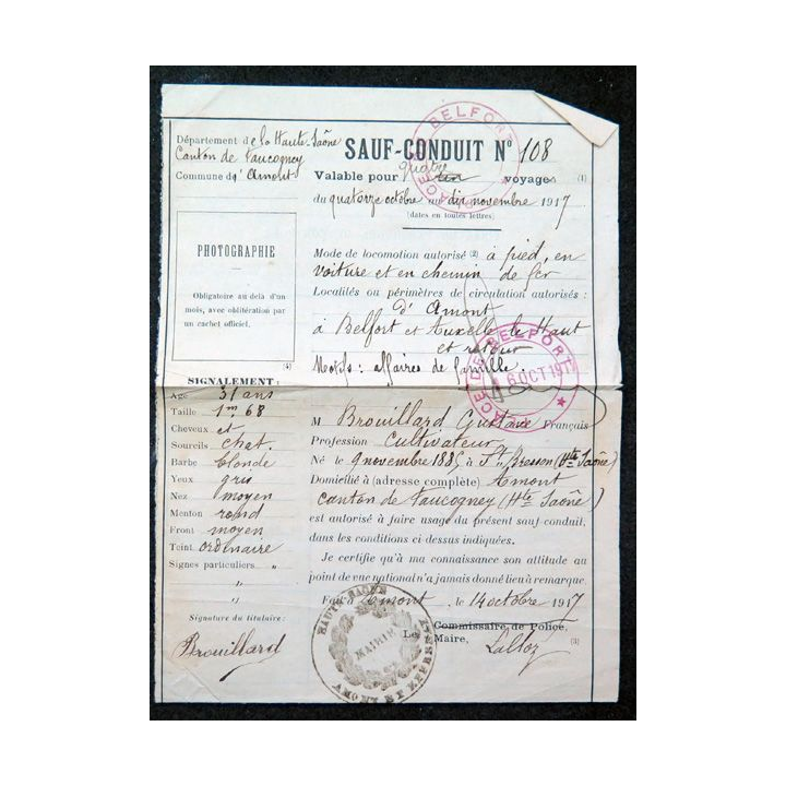Sauf conduit pour 4 voyages en 1917 Commune d'Amont (Haute Saône)