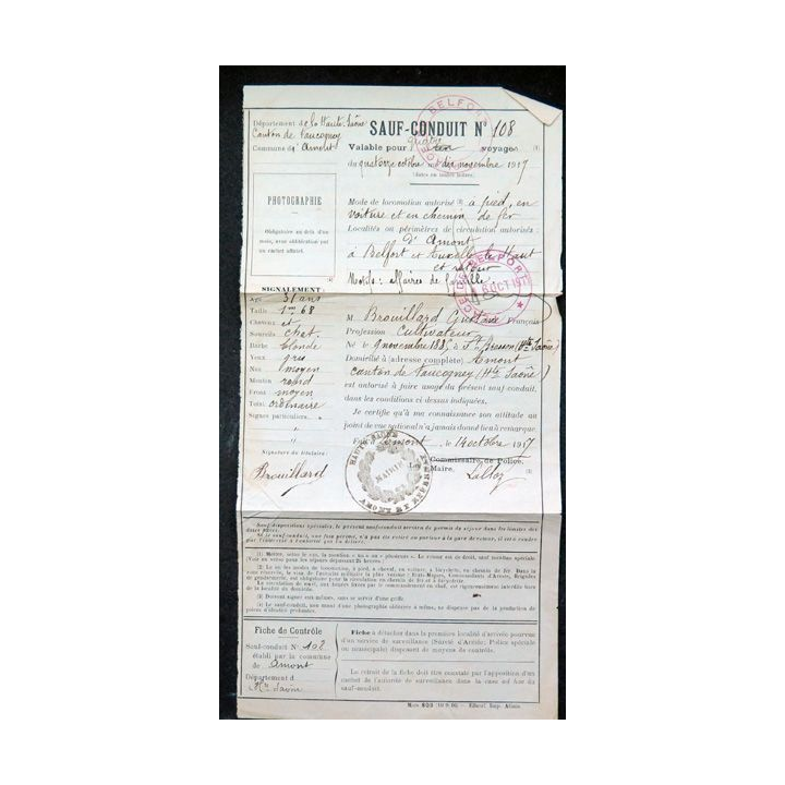 Sauf conduit pour 4 voyages en 1917 Commune d'Amont (Haute Saône)
