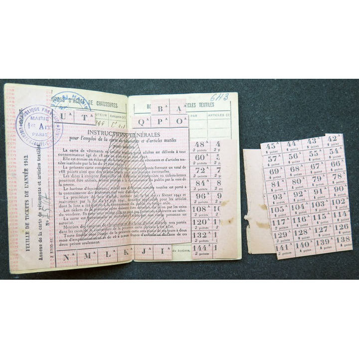 Carte de vêtements et d'articles textiles 1944 avec timbres de rationnement