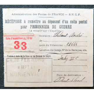 Recepissé colis postal prisonnier de guerreStalag VI C