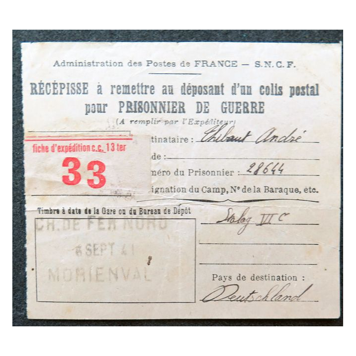 Recepissé colis postal prisonnier de guerreStalag VI C