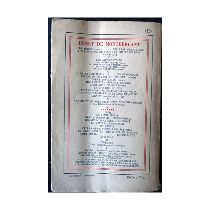 Le maître de Santiago  de Henry de Montherlant aux éditions Gallimard (1947)