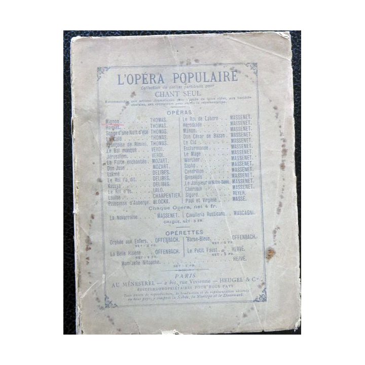 L'opéra populaire collection de petites partitions pour chant seul édité par Au Ménestrel Heugel & Cie