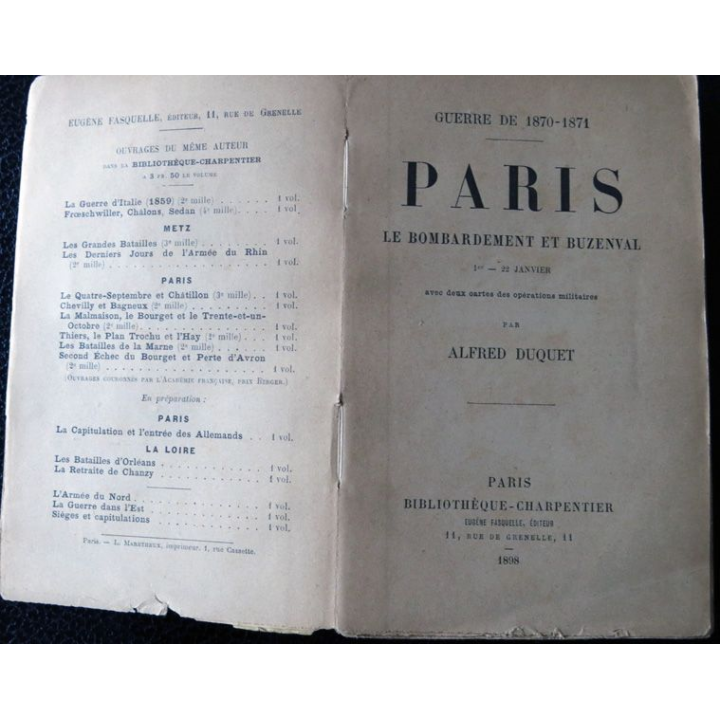 Guerre de 1870-1871 - Paris le bombardement et Buzenval de Alfred Duquet, Bibliothèque Charpentier (1898)