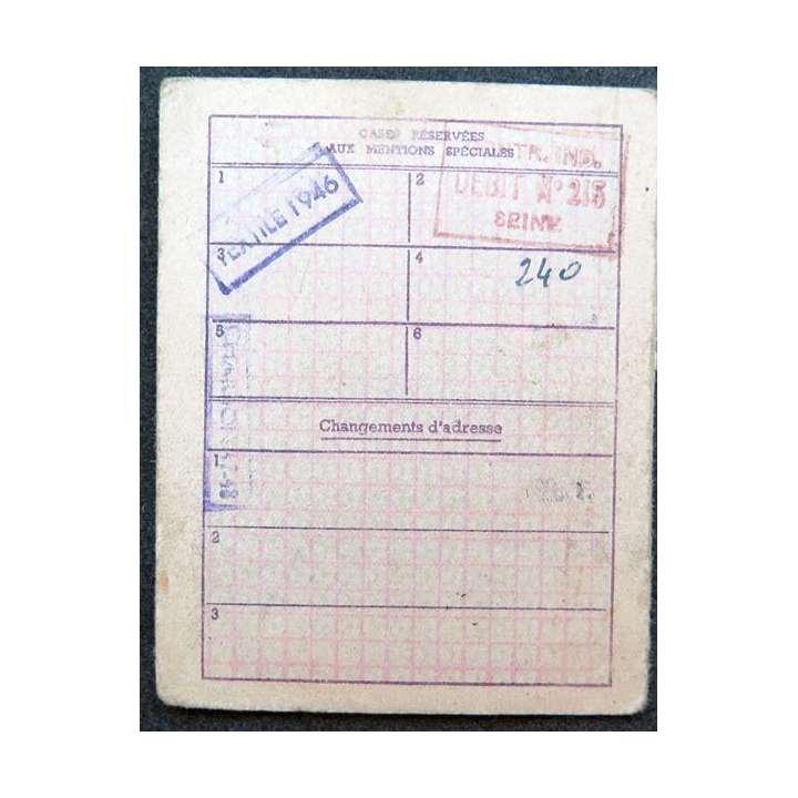 Carte individuelle d'alimentation 1946 avec timbres 1944 et 1948