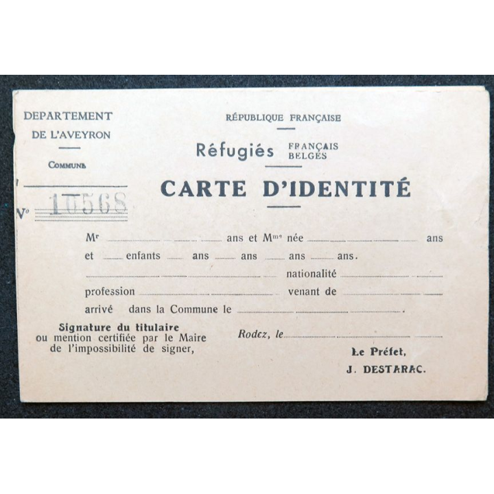 2 Cartes d'identité pour réfugiézs français et belges département Aveyroin 