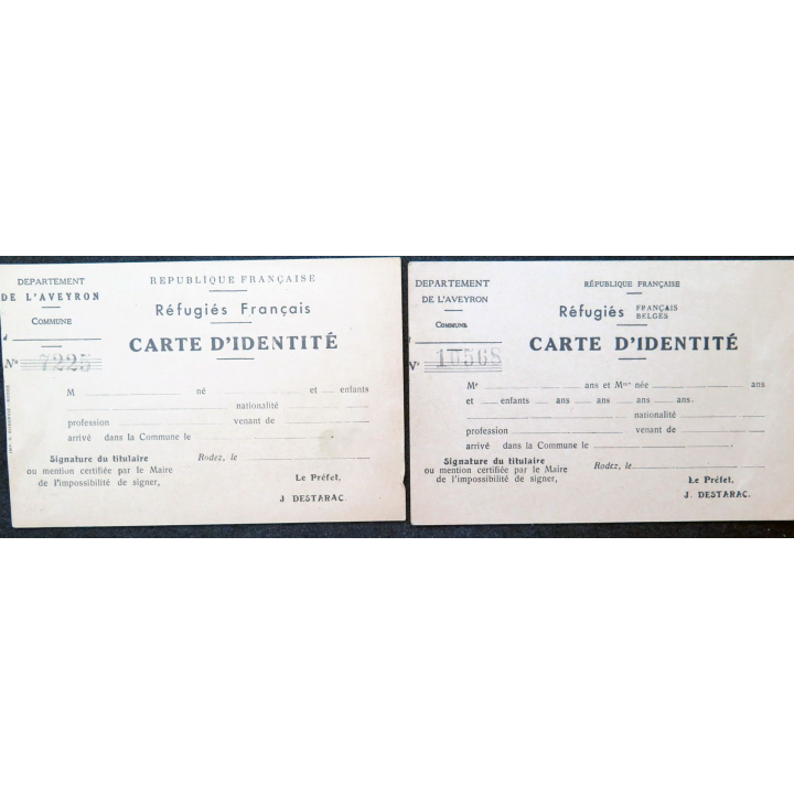 2 Cartes d'identité pour réfugiézs français et belges département Aveyroin 