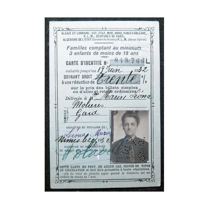 Carte de transport réduction pour famille nombreuse 1932