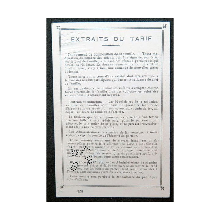 Carte de transport réduction pour famille nombreuse 1932