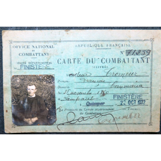 Carte de Combattant 1932 attribuée à M. Tromeur du Finistère