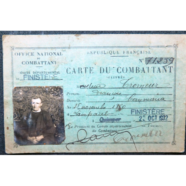 Carte de Combattant 1932 attribuée à M. Tromeur du Finistère