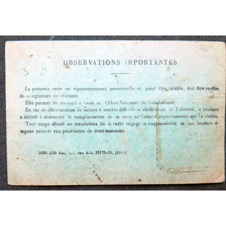 Carte de Combattant 1932 attribuée à M. Tromeur du Finistère