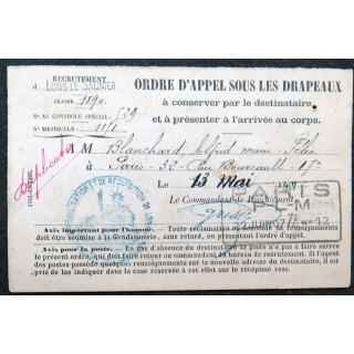 Ordre d'appel sous les drapeaux de la classe 1890 Paris 1907