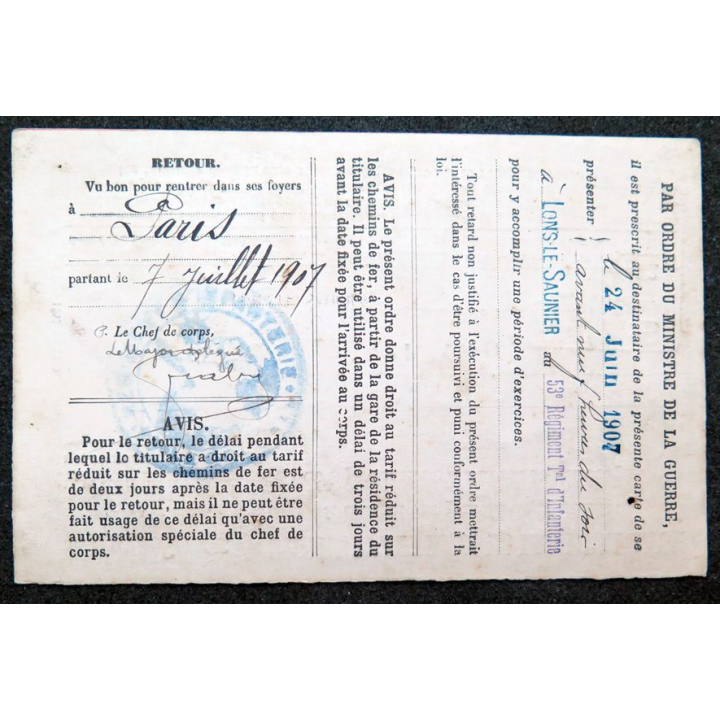 Ordre d'appel sous les drapeaux de la classe 1890 Paris 1907