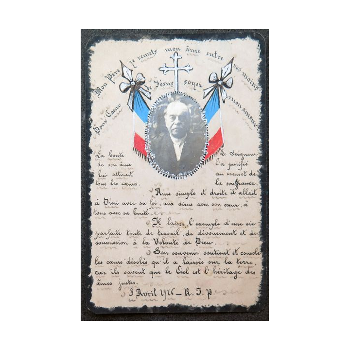 Rare carte de prières décorée à la main du 3 avril 1916