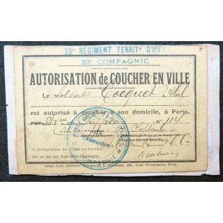 Carte d'autorisation de coucher en ville 1918 du 35° Régiment territorial d'Infanterie 23° Cie