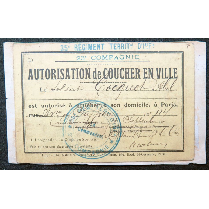 Carte d'autorisation de coucher en ville 1918 du 35° Régiment territorial d'Infanterie 23° Cie
