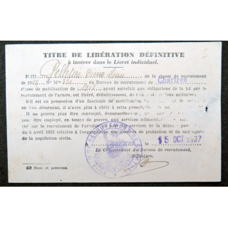 Titre de libération définitive 1937 à Chartres 