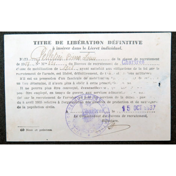 Titre de libération définitive 1937 à Chartres 