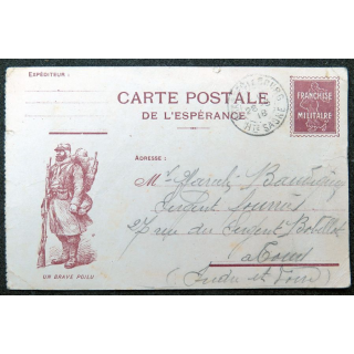 Carte postale de l'espérance 1918 avec franchise militaire